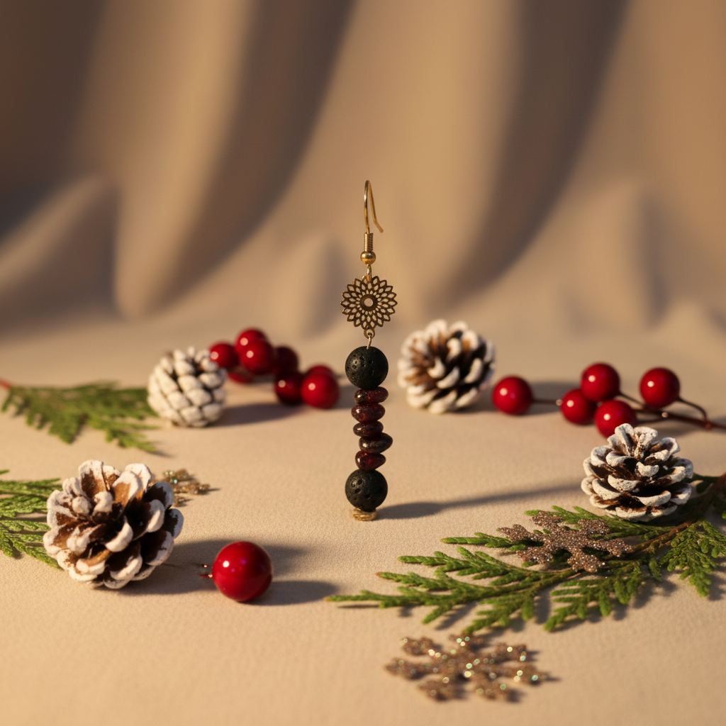 Elegant handmade earrings featuring a gold-plated mandala, adorned with natural Lava stone and Garnet