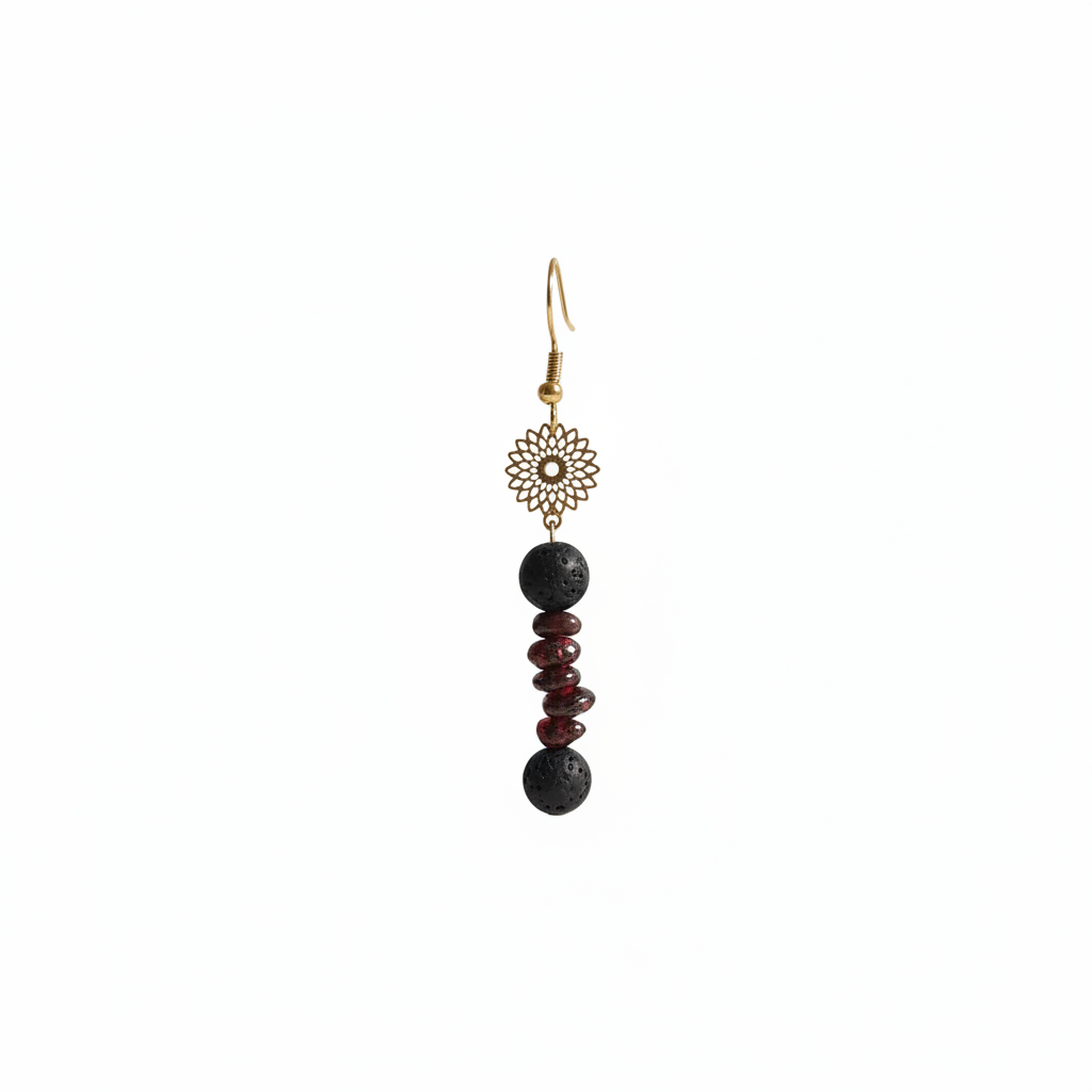 Elegant handmade earrings featuring a gold-plated mandala, adorned with natural Lava stone and Garnet