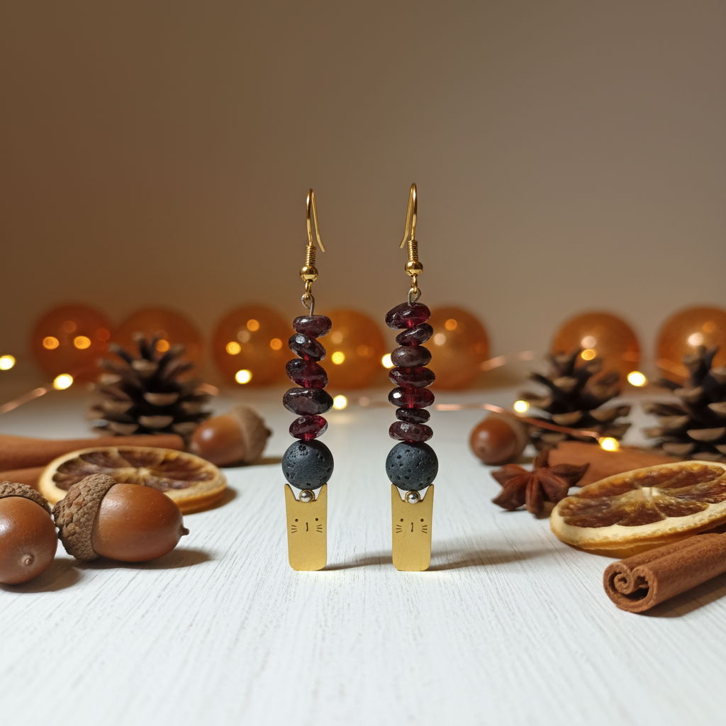 Delicate handmade earrings featuring a charming gold-plated cat adorned with natural Lava stone and Garnet.