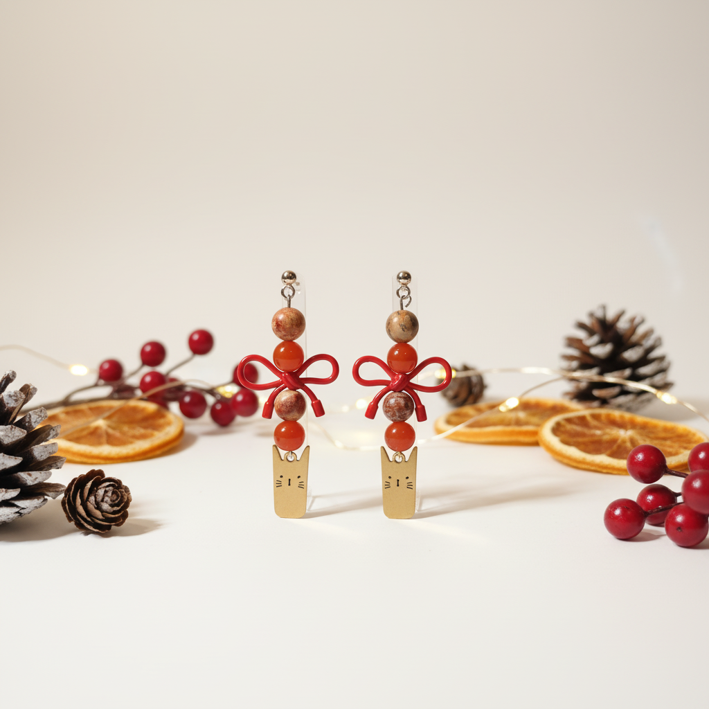 Delicate handmade earrings featuring a charming gold-plated cat, a cute bow, and natural stones – Carnelian and Jasper. 