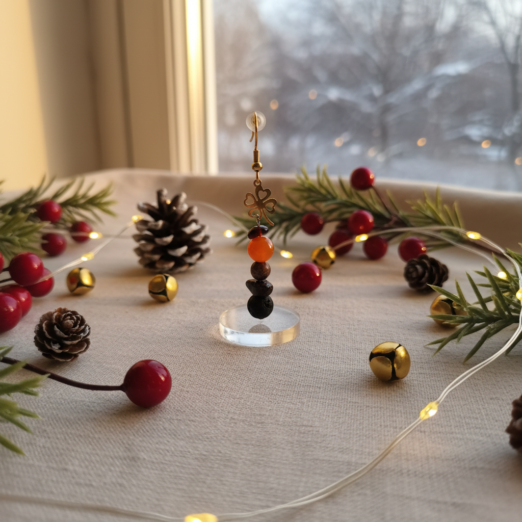 Handmade earrings featuring a gold-plated four-leaf clover, a protective Bull’s Eye charm, and natural stones – Garnet, Agate, Jasper, and Lava. 