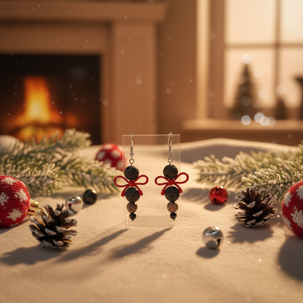 Handmade earrings featuring a delicate bow adorned with natural stones – Onyx, Jasper, and Lava.