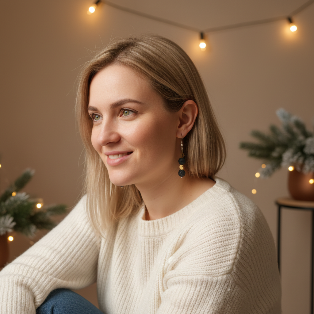 Handmade earrings featuring two gold-plated hearts and two natural Lava stones