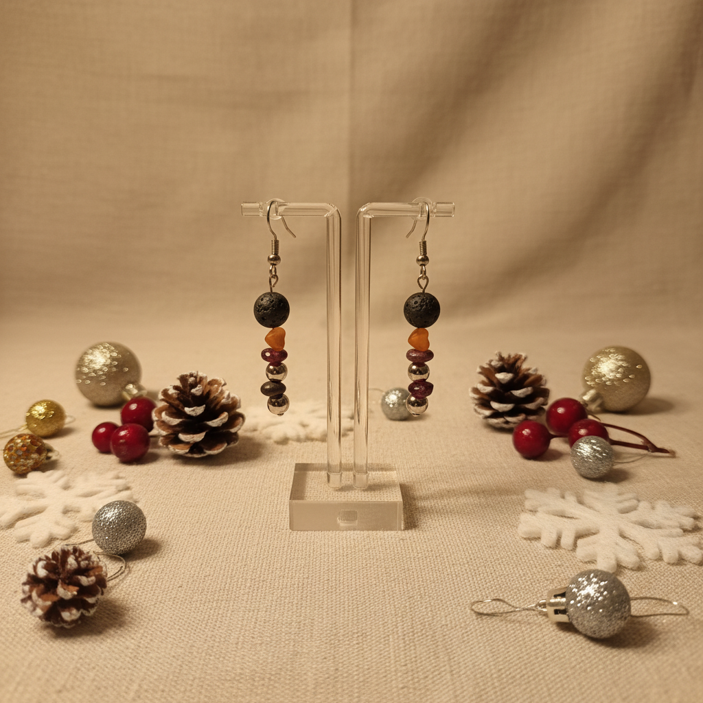 Delicate handmade earrings featuring a gold-plated heart, natural Lava stone, Garnet, and stainless steel beads. 