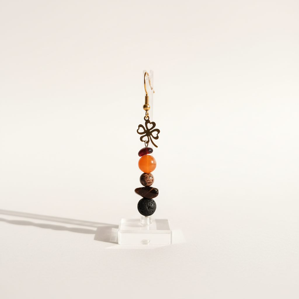 Handmade earrings featuring a gold-plated four-leaf clover, a protective Bull’s Eye charm, and natural stones – Garnet, Agate, Jasper, and Lava. 