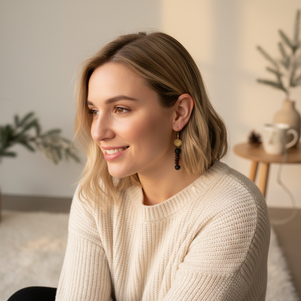 Elegant handmade earrings featuring a gold-plated mandala, adorned with natural Lava stone and Garnet