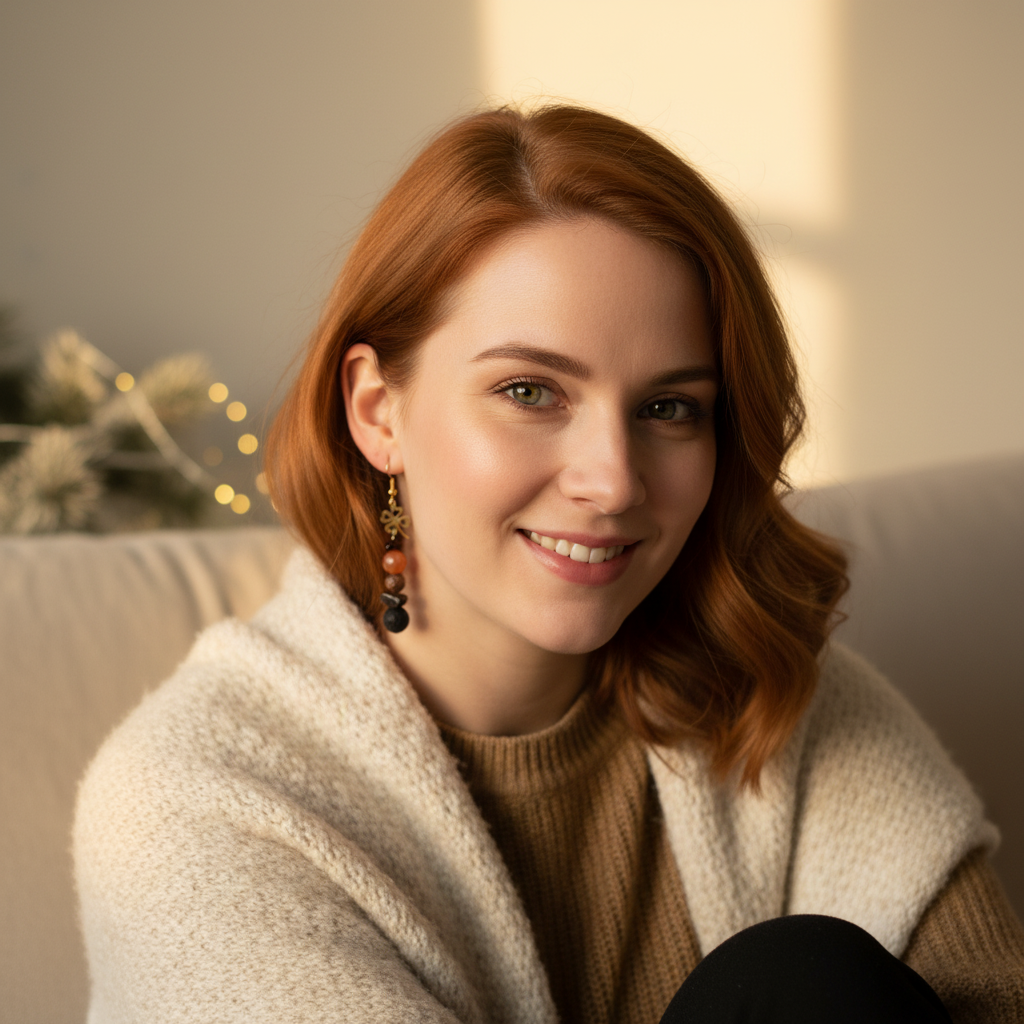 Handmade earrings featuring a gold-plated four-leaf clover, a protective Bull’s Eye charm, and natural stones – Garnet, Agate, Jasper, and Lava. 