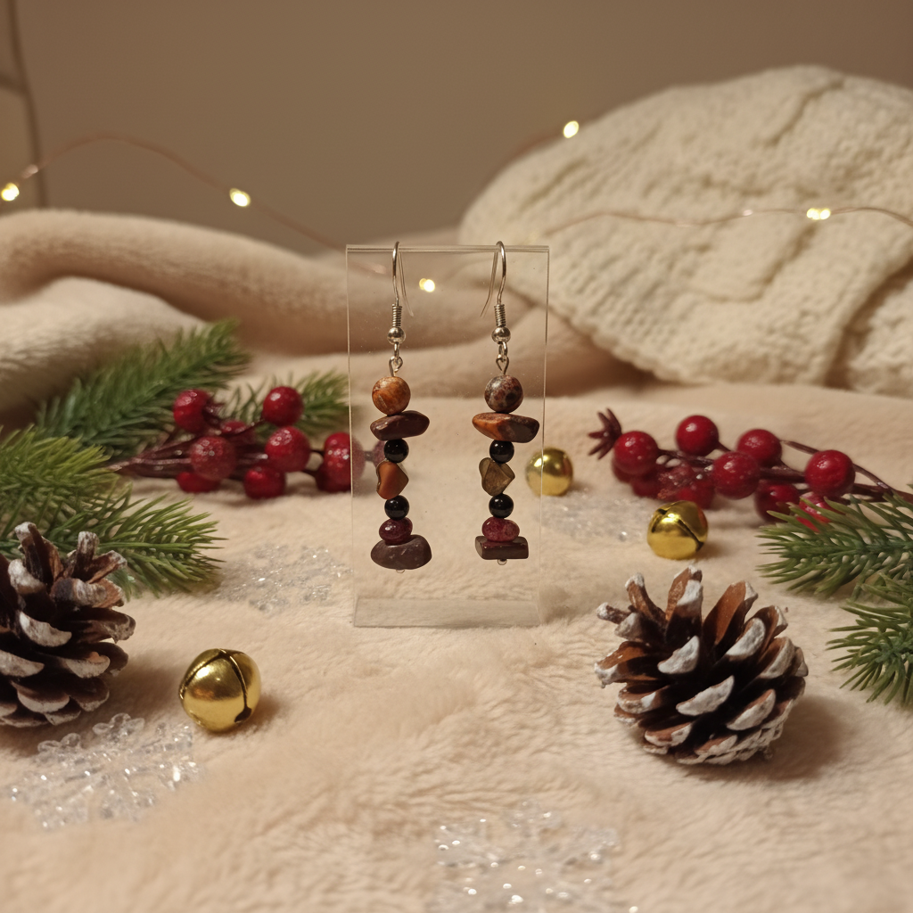 Handmade earrings featuring a gold-plated heart, a protective Bull’s Eye charm, and natural stones – Onyx, Garnet, and Jasper. 