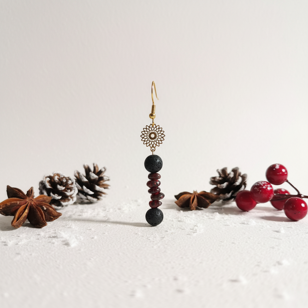 Elegant handmade earrings featuring a gold-plated mandala, adorned with natural Lava stone and Garnet