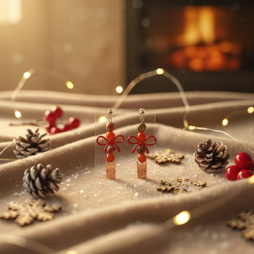 Delicate handmade earrings featuring a charming gold-plated cat, a cute bow, and natural stones – Carnelian and Jasper. 