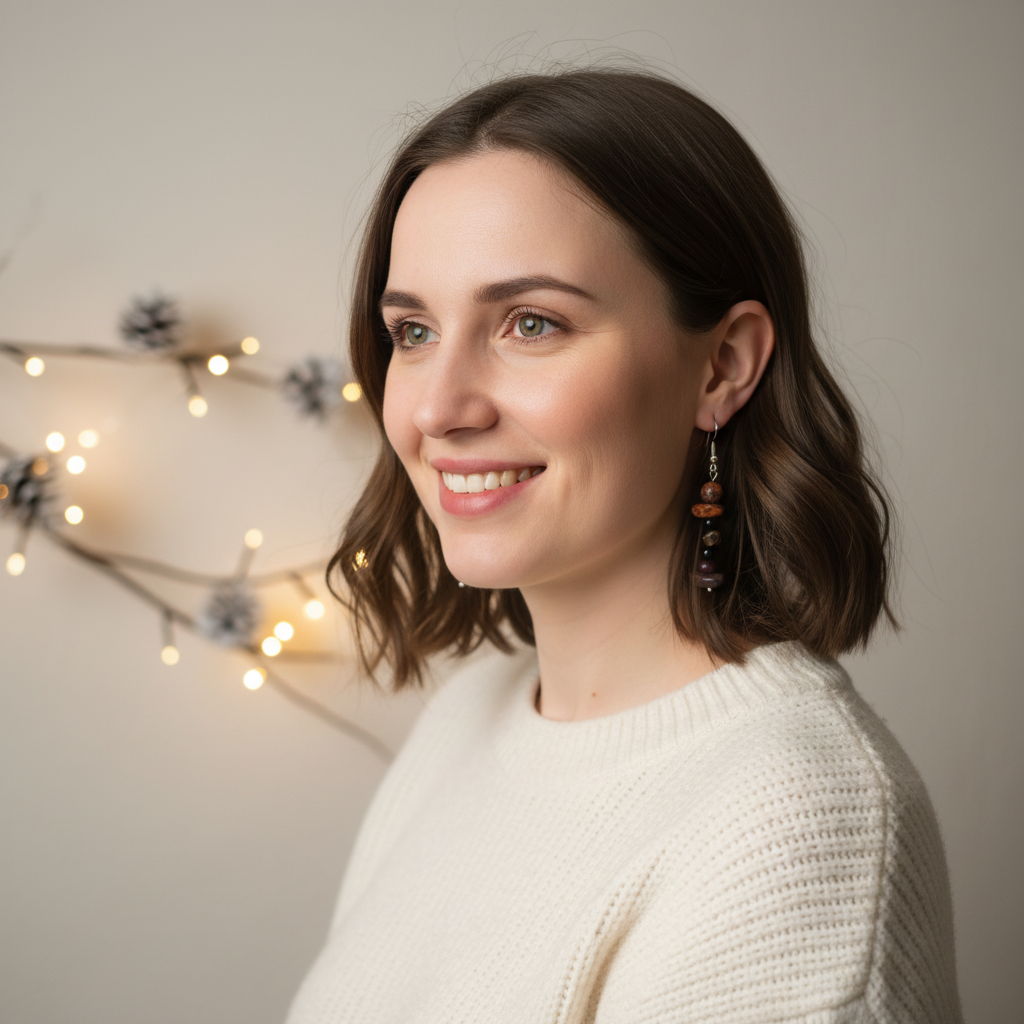 Handmade earrings featuring a gold-plated heart, a protective Bull’s Eye charm, and natural stones – Onyx, Garnet, and Jasper. 